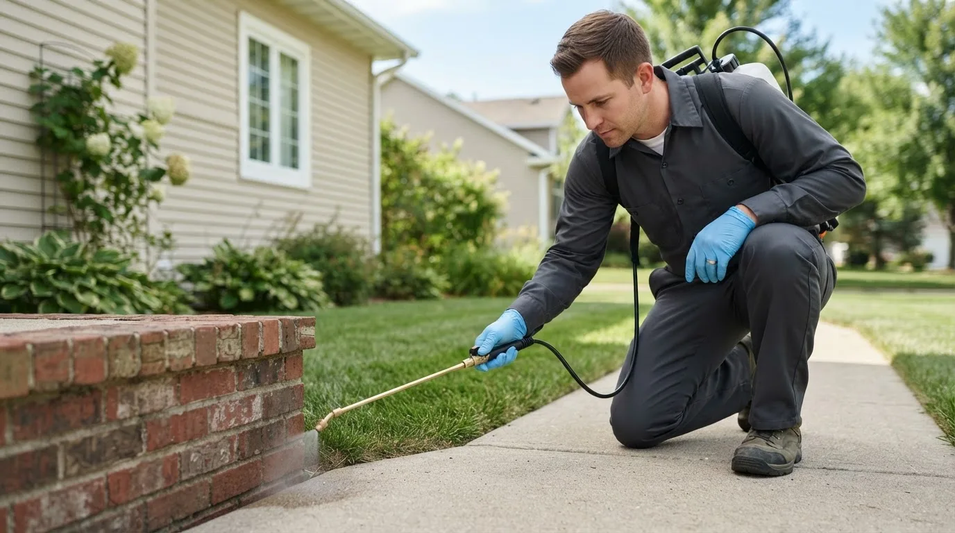 Pest control technician treating a home near Cottonton, AL
